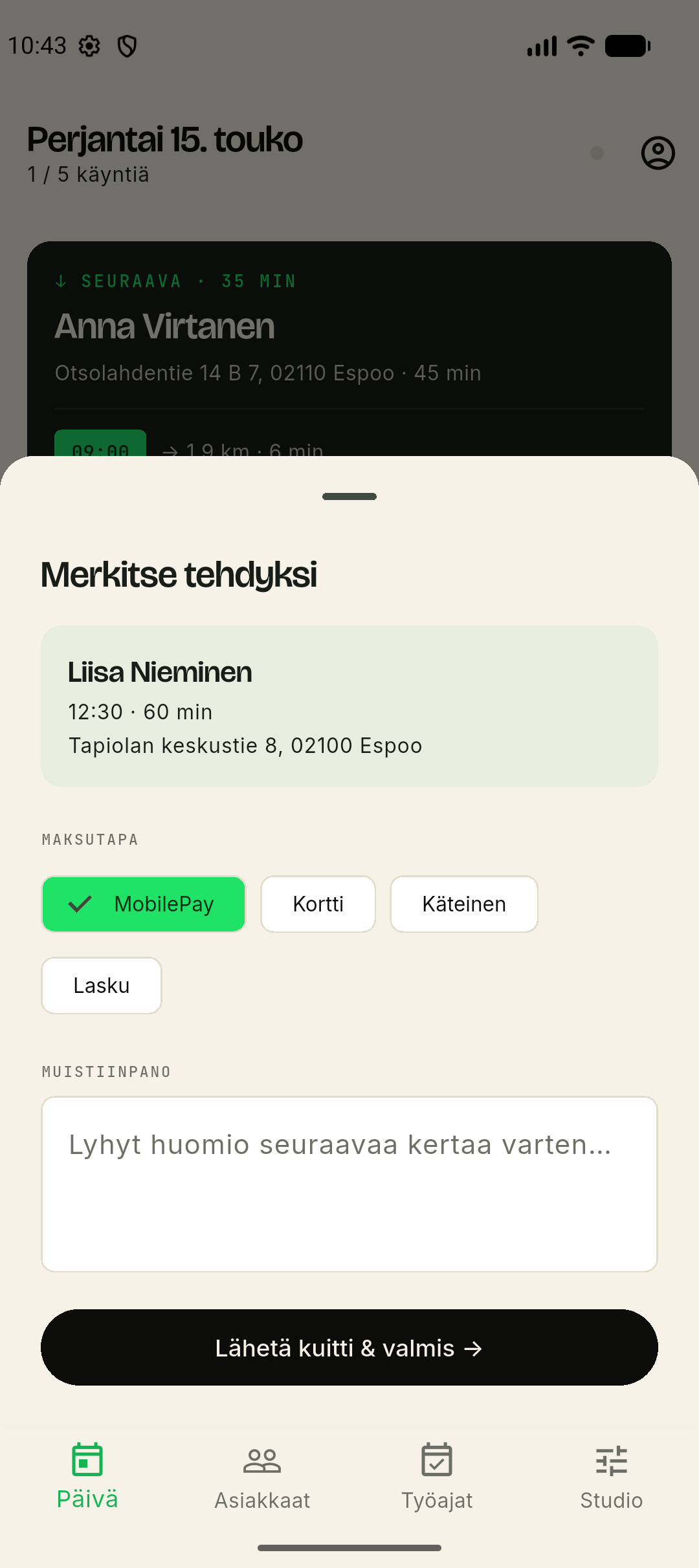 Merkitse tehdyksi -näkymä — maksutapa, muistiinpano ja kuitin lähetys.